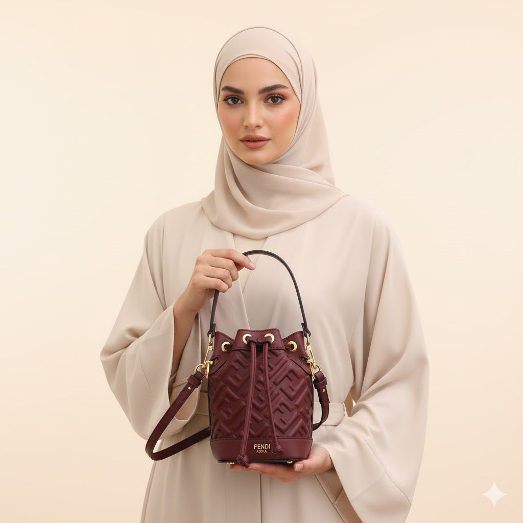 FENDI Women’s Designer Bucket Handbag – Brown Monogram Luxury Purse | Premium Fashion Bag in Dubai, UAE
